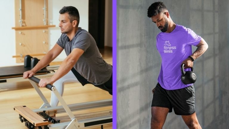 Imagem dividida, onde do lado esquerdo mostra um homem praticando pilates e do lado direito um homem carregando peso de crossfit