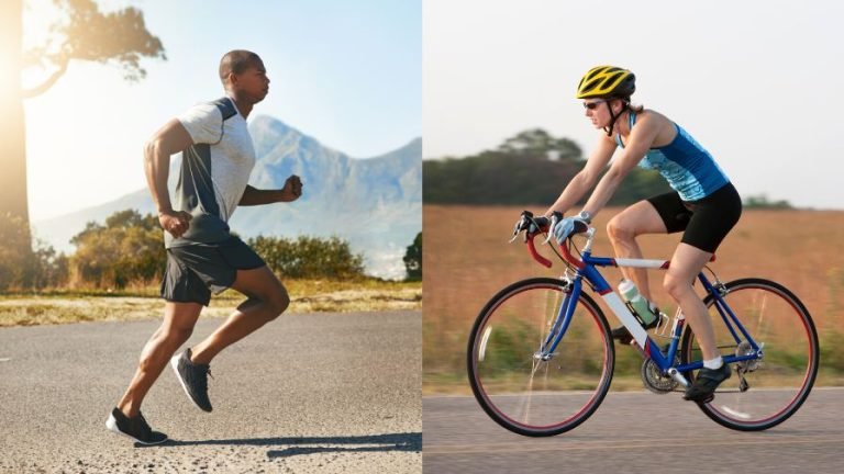 Imagem dividida entre um corredor e um ciclista para responder a dúvida: correr ou andar de bicicleta?